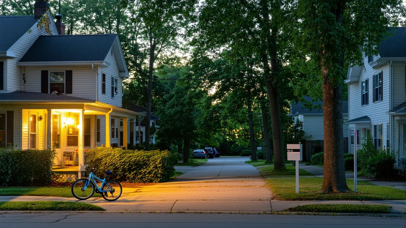 A suburban cul-de-sac in Knightdale, NC at dusk with porch lights turning on and a child's bicycle near the curb.