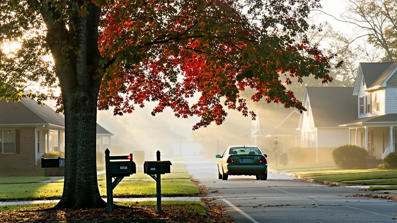 A foggy morning street in Knightdale with an older car parked under a red maple tree in front of suburban homes.
