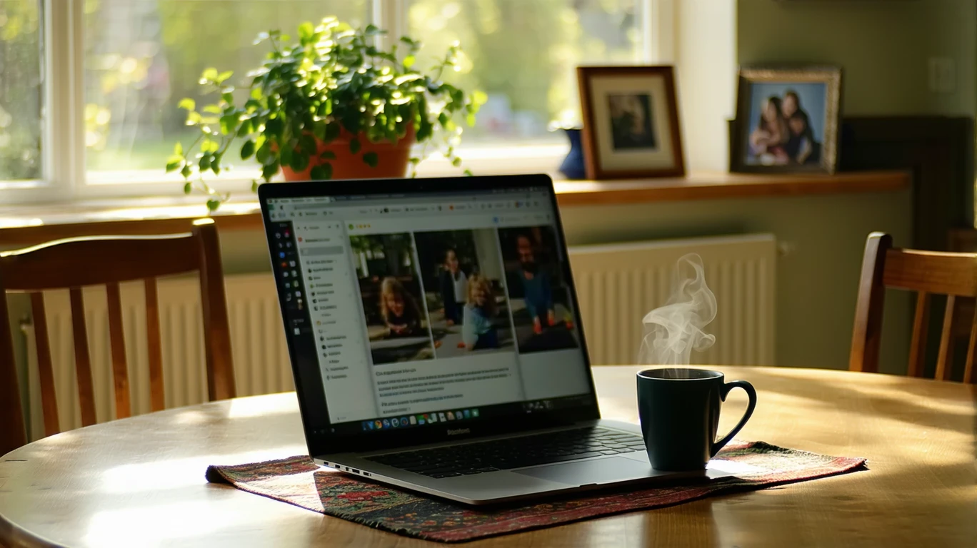 An open laptop showing budgeting software next to a coffee mug on a dining table in a home.