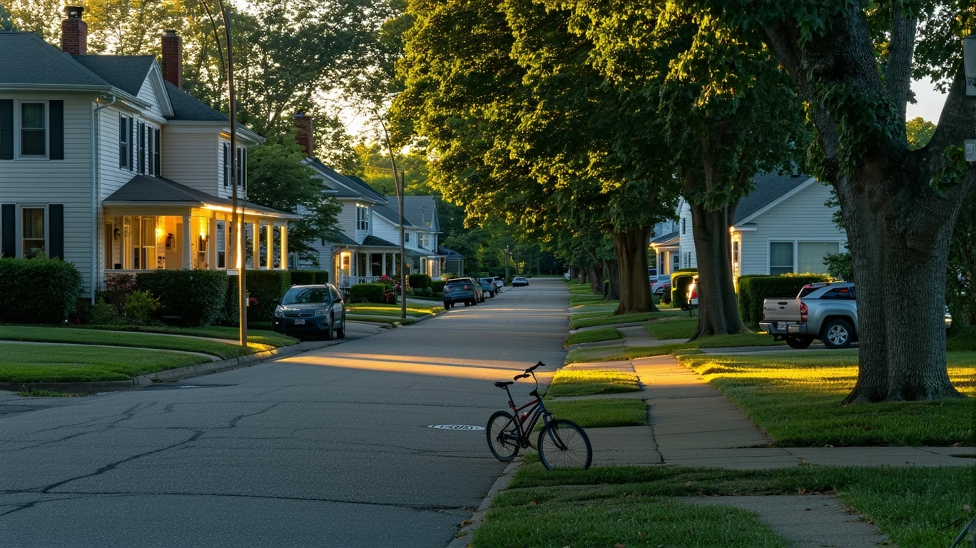 A suburban cul-de-sac at dusk with porch lights on, a child's bicycle, and one-story homes framed by trees.