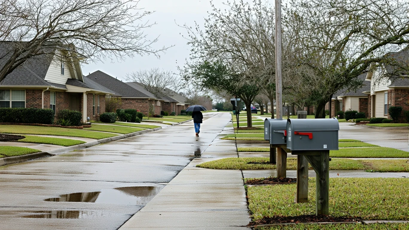 A curved sidewalk in a Kyle, Texas neighborhood with mailboxes and wet pavement on a cloudy day.