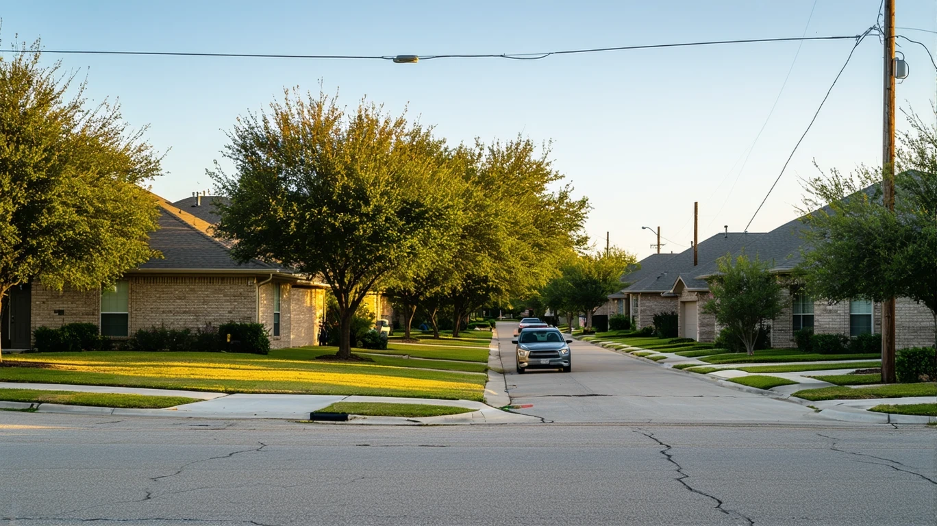 Residential street corner in Kyle, Texas with modest homes and an older car parked on a quiet afternoon.