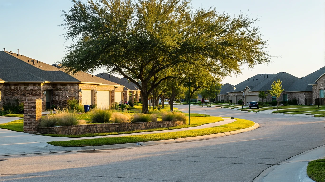 A sunny view of a peaceful suburban cul-de-sac in Kyle, Texas, with native landscaping and a jogger in the distance.
