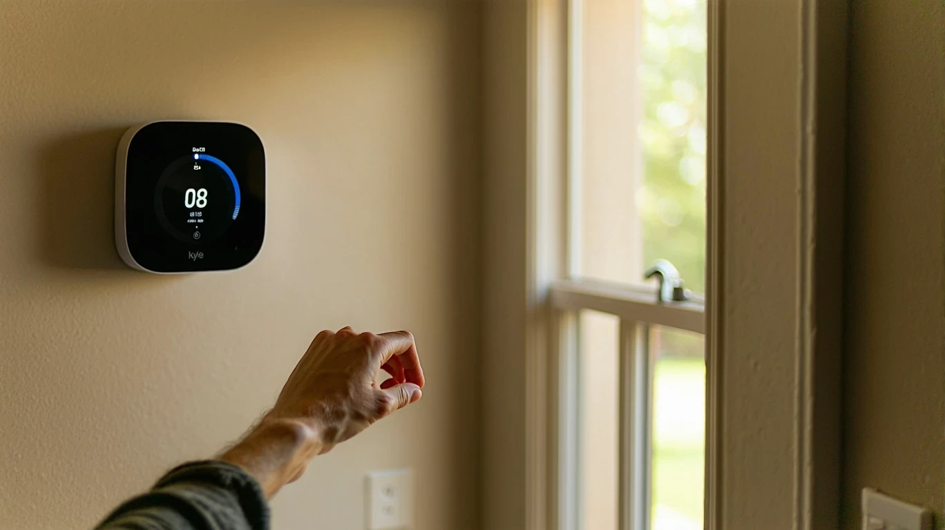 A person's hand adjusting a smart thermostat mounted in a hallway.