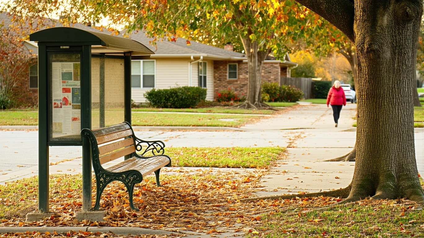 An empty wooden bench at a suburban bus stop, fallen autumn leaves on the sidewalk, person walking in the distance, single-family homes visible.