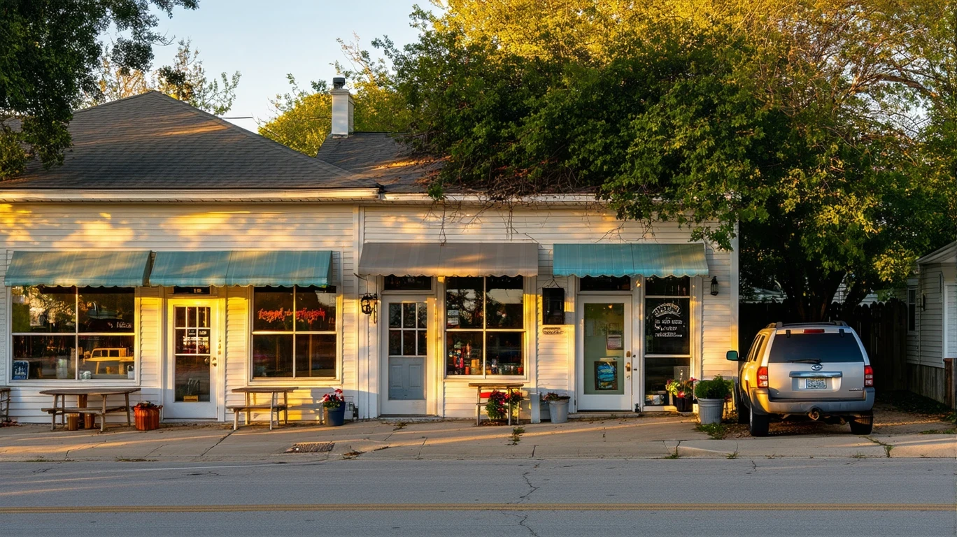 A row of small local shops next to a residential street in Kyle, Texas at dusk, with empty patio tables out front.