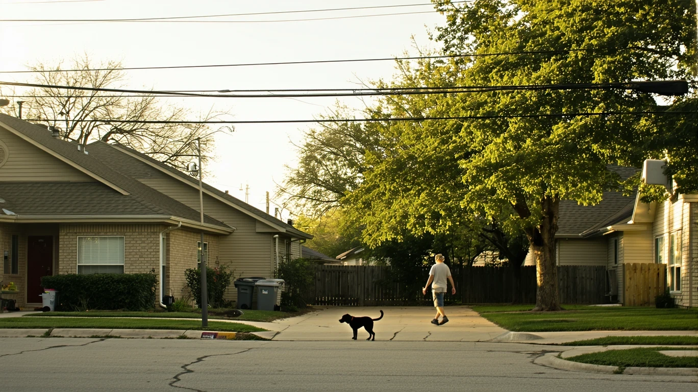 Sunlight filters through maple trees on a residential street in Kyle, Texas, with a person walking a dog on the sidewalk.