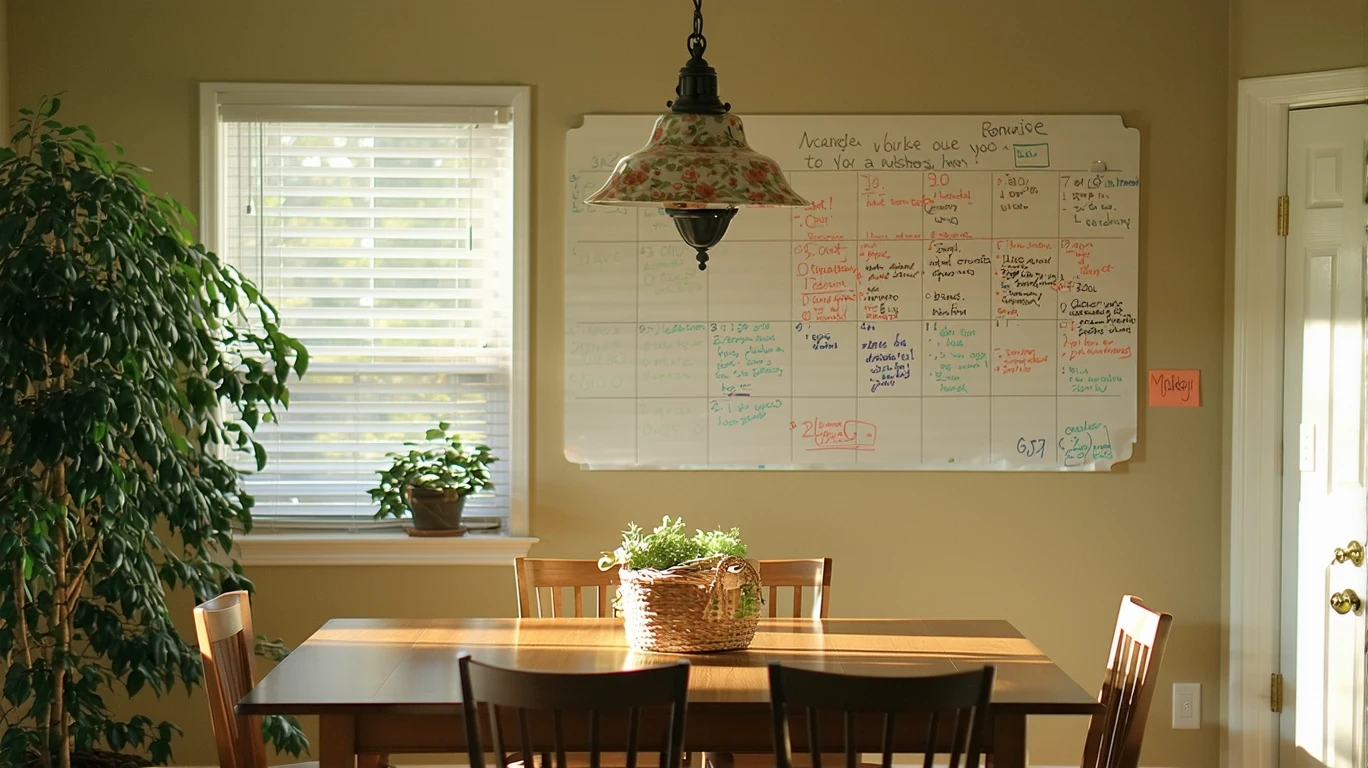 A suburban dining room with a whiteboard listing bills and reminders on the wall.