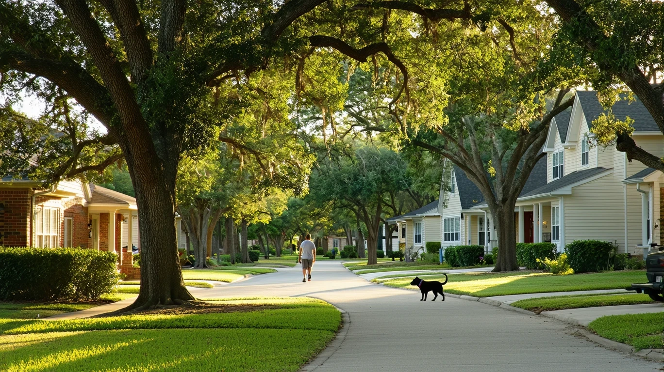 A tree-lined suburban street in Kyle, Texas with sidewalks and glimpses of well-kept homes.