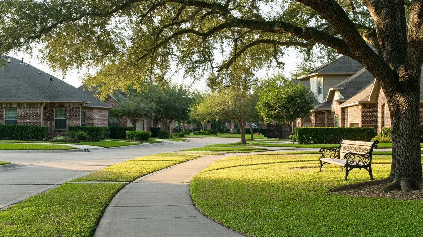 A view of a neighborhood park in Kyle, Texas with a path, bench, and surrounding homes on a clear day.