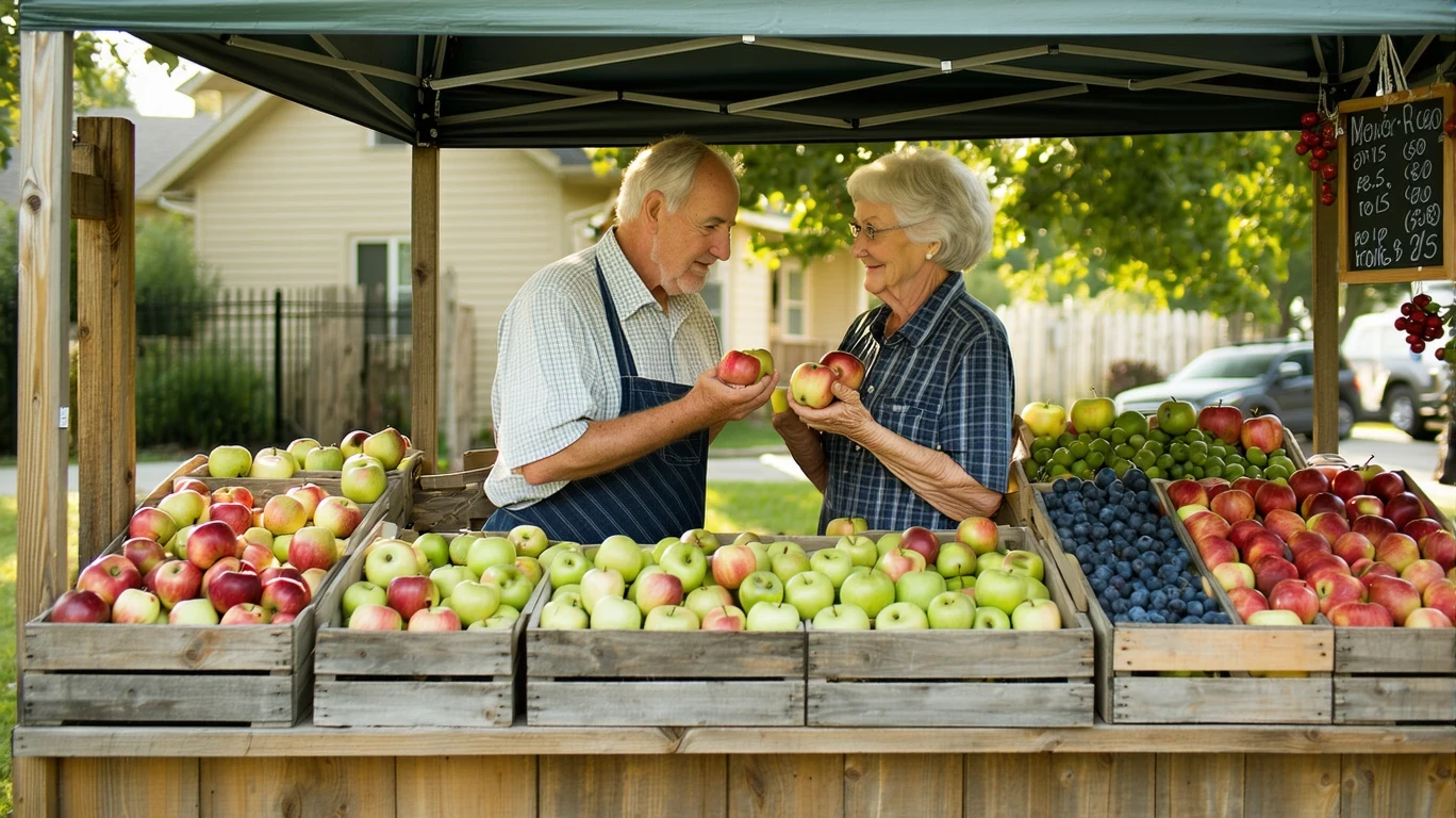 An older couple comparing apples at an outdoor produce stand on a sunny day.