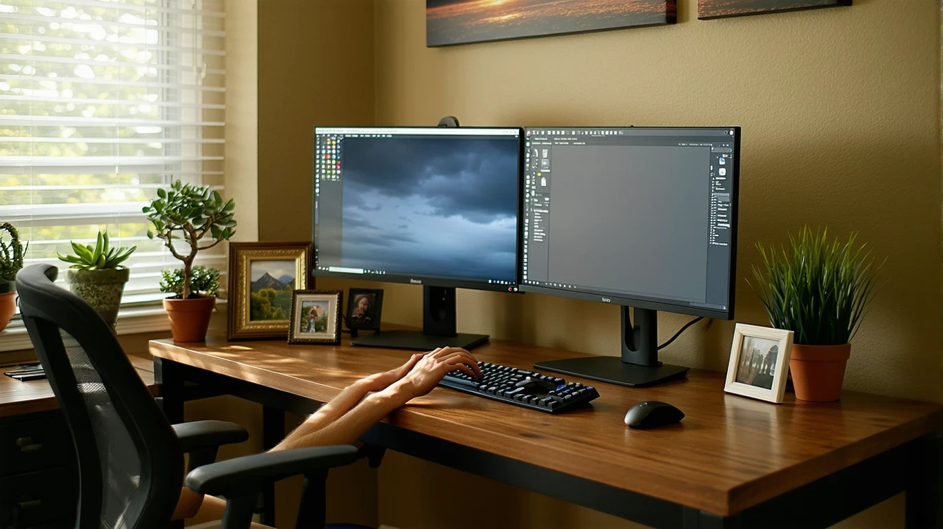 A home office desk with dual monitors, slight cord clutter, plants, and framed photos.