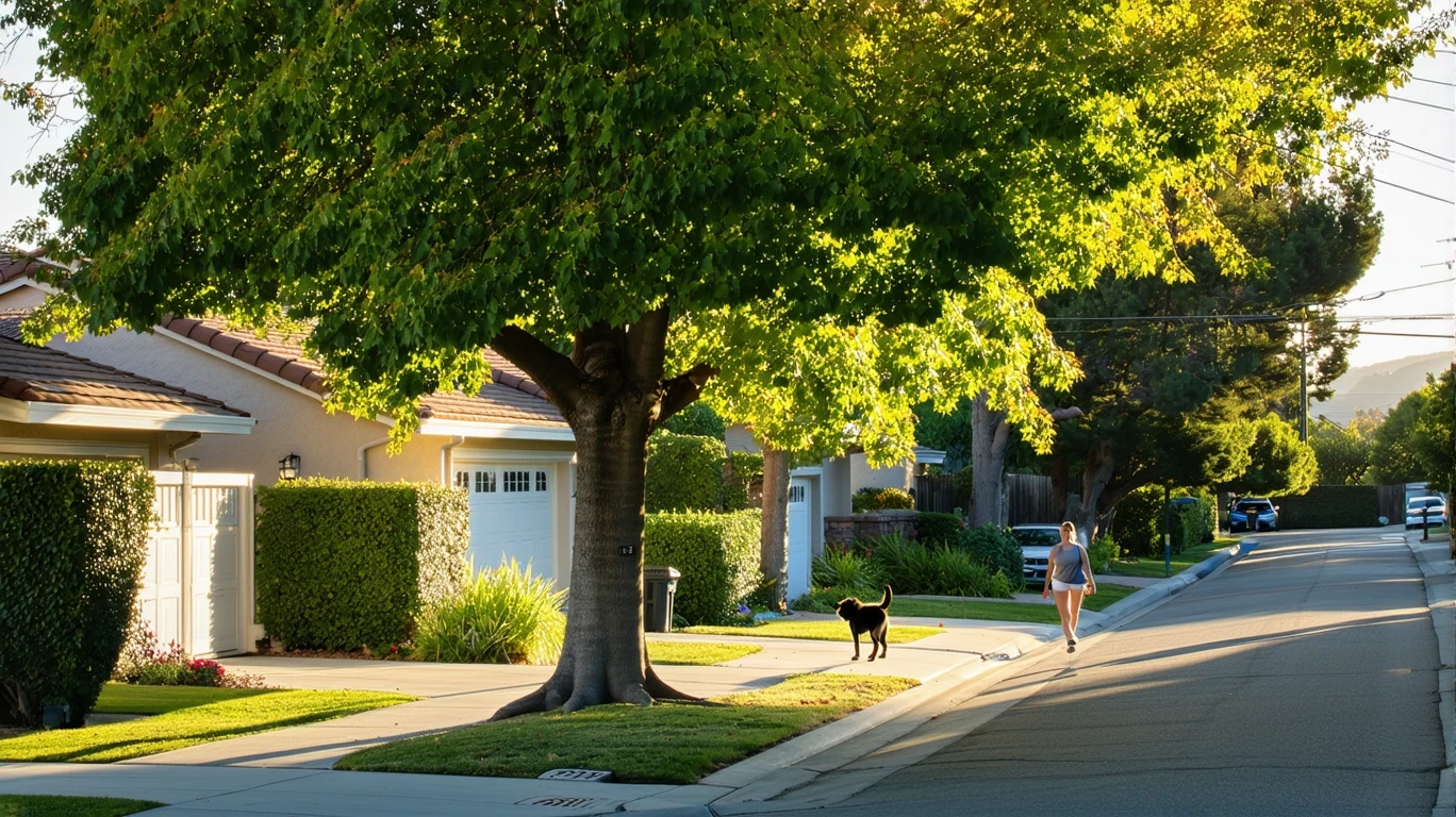 Sunlight filters through a maple tree onto the sidewalk of a residential street in Laguna Niguel, with power lines above and a woman walking her dog.