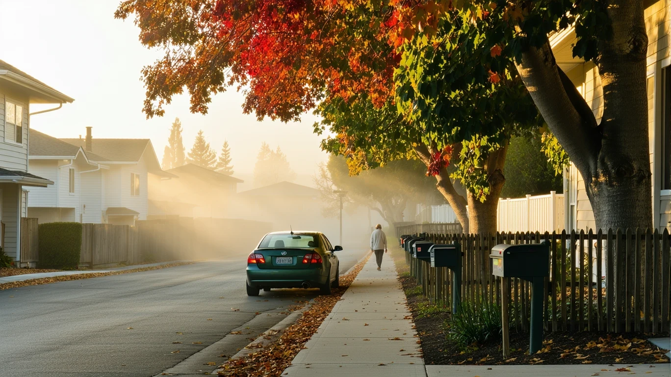 Misty morning street in Laguna Niguel with mailboxes, maple tree, and older sedan.