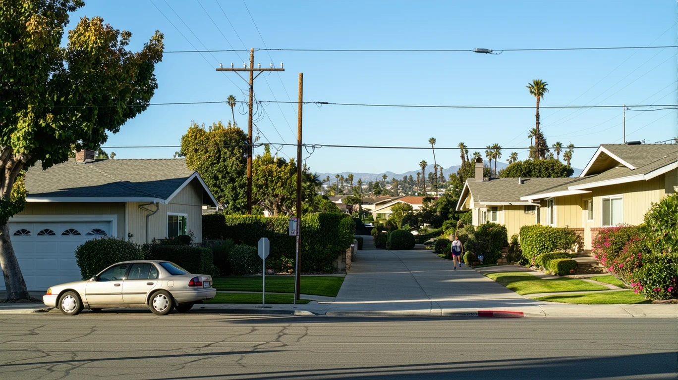A sunlit street corner in Laguna Niguel lined with modest single-story homes and an older parked car.