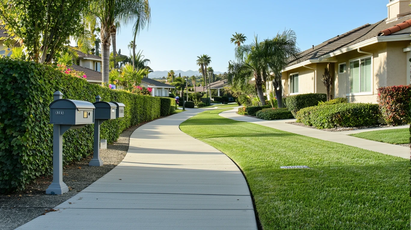 A sunlit sidewalk curves past a row of gray mailboxes in a well-kept Laguna Niguel neighborhood with stucco homes and tidy landscaping.