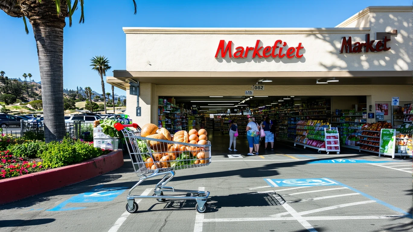 A grocery cart half-filled with bread, eggs, and produce, paused at the entrance of a local market in Laguna Niguel, California.
