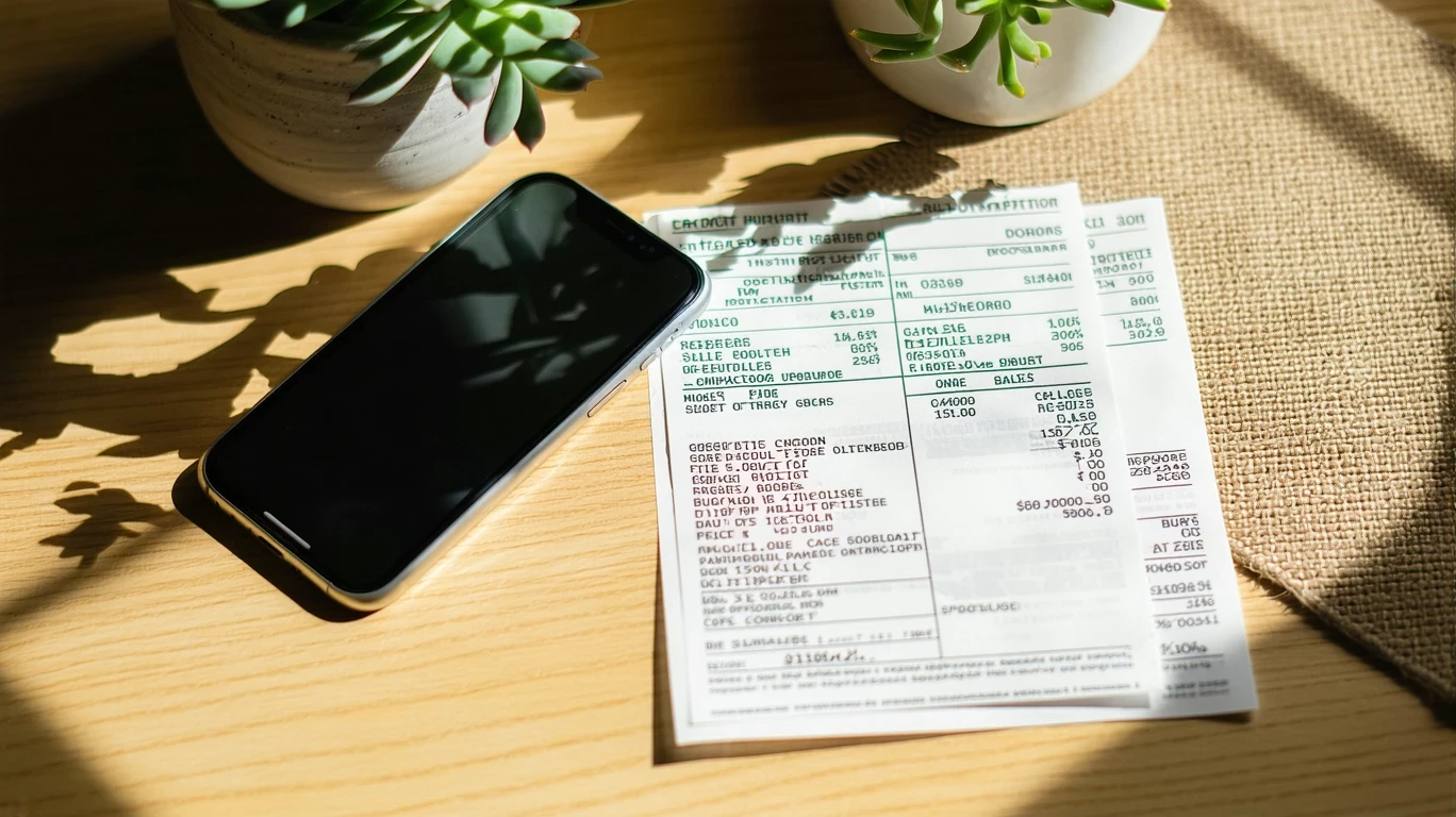 A phone, grocery receipt, budget notes, and takeout menu on a sunlit table.