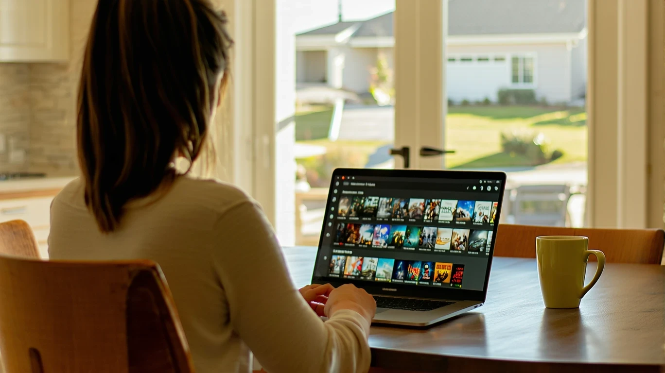 Person browsing streaming options on laptop at kitchen table in Laguna Niguel home.