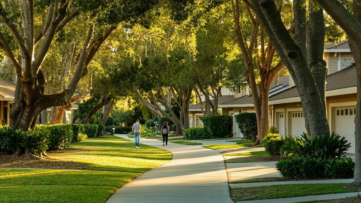 A tree-lined sidewalk curves through a neat suburban neighborhood, with glimpses of well-kept homes visible through the foliage.