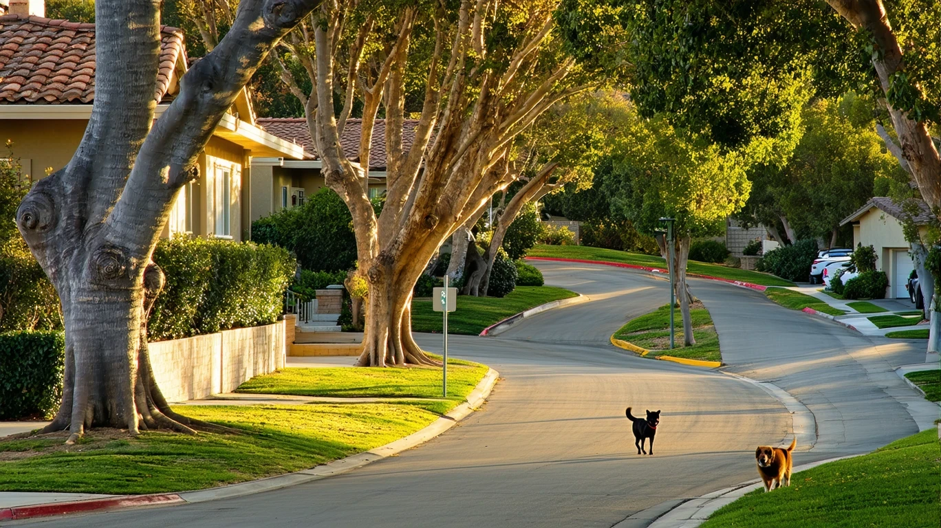 A tree-lined sidewalk curving through a suburban neighborhood with houses visible.
