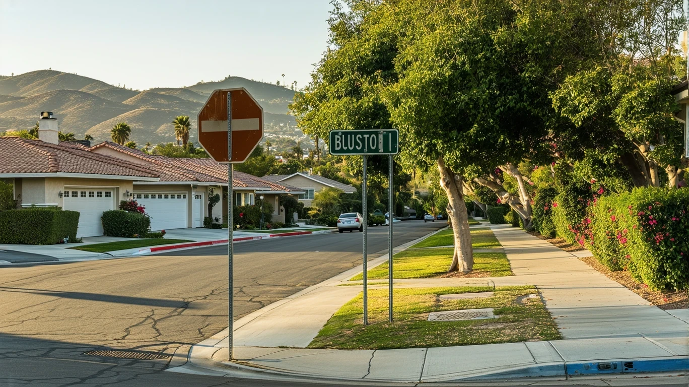 A bus stop sign on a quiet suburban street corner, with homes and dry hills visible in Laguna Niguel, California.