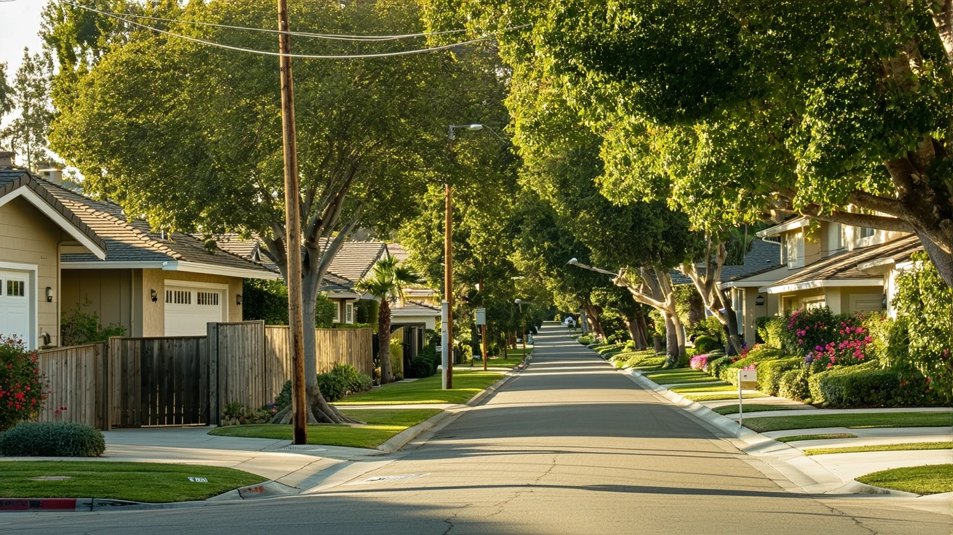 A tree-lined street in Laguna Niguel with sunlight filtering through maple branches and well-kept homes in the background.