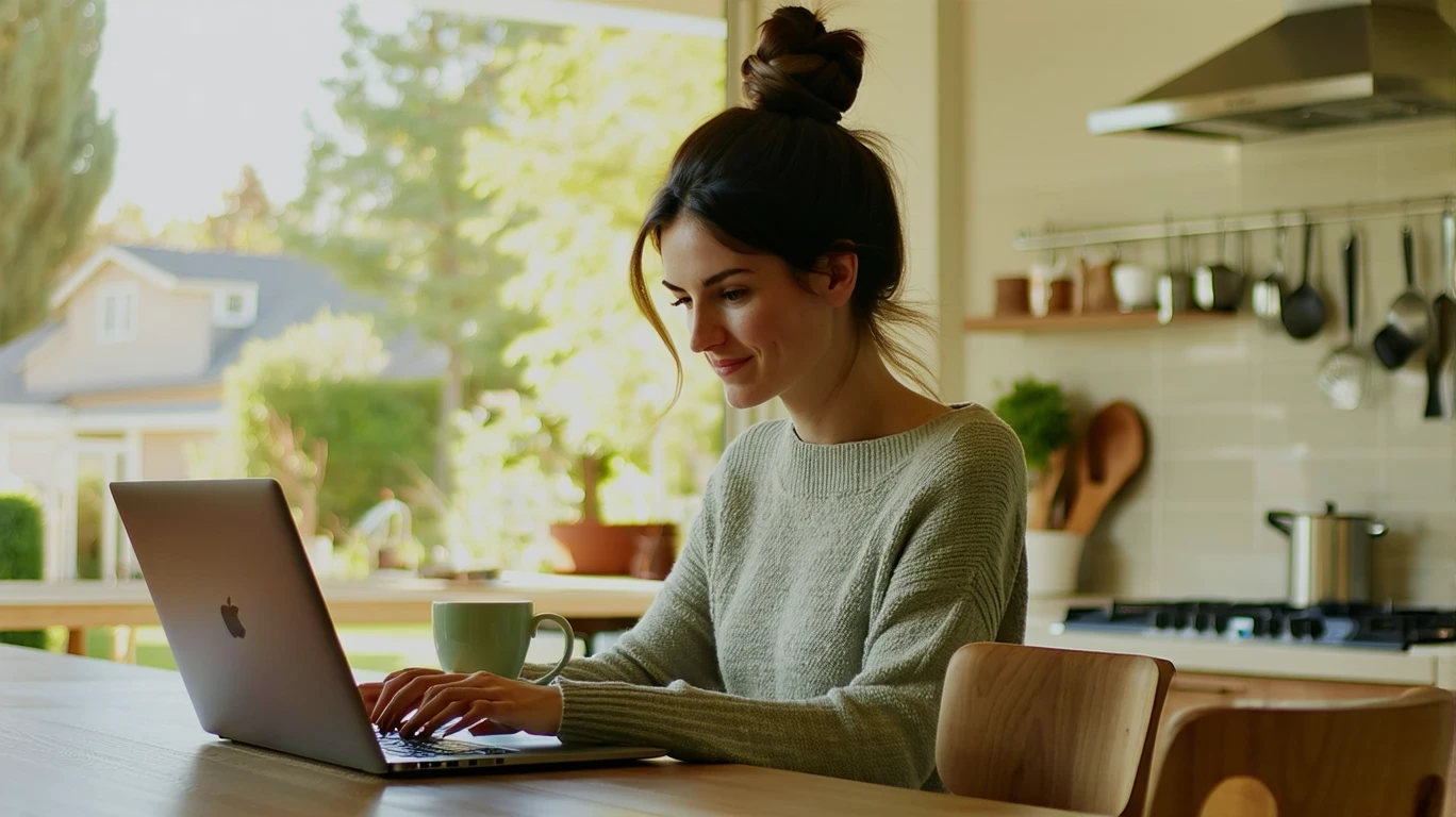 Person browsing streaming options on laptop at kitchen table in sunny home.