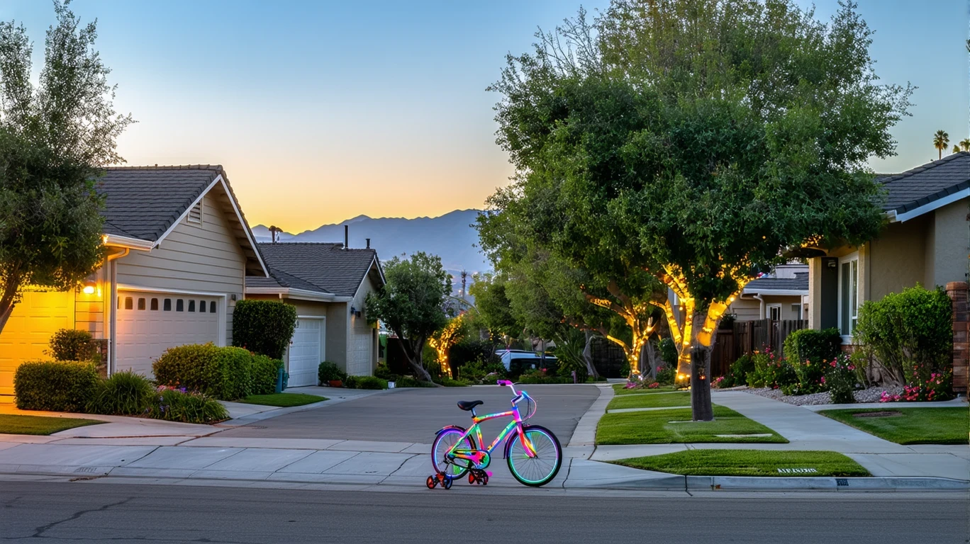 A quiet residential cul-de-sac in Lake Forest, California at dusk with porch lights turning on and a child's bicycle lying near the curb.