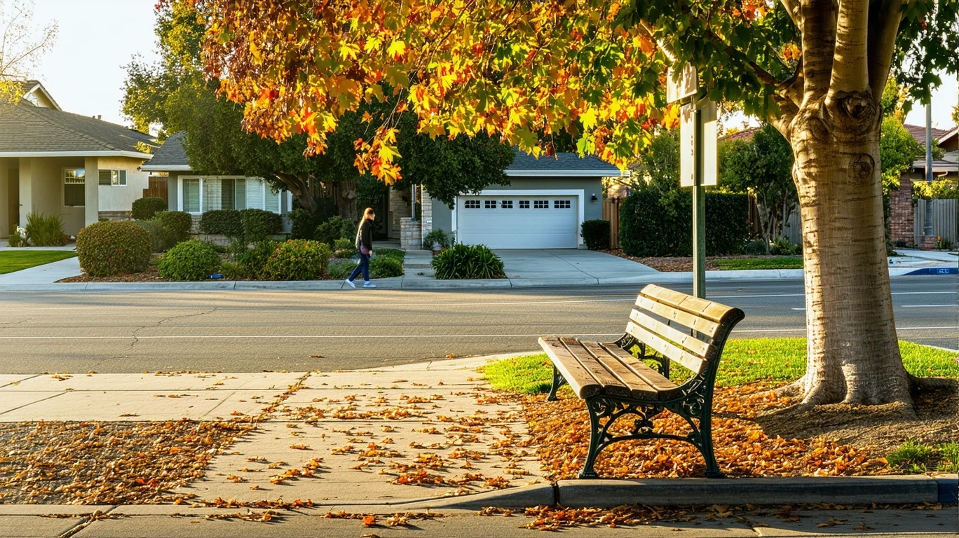 A wooden bench at a bus stop on a tree-lined suburban street in autumn, with fallen leaves on the sidewalk and homes in the background.