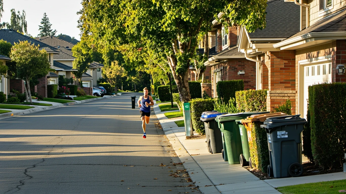 A suburban neighborhood street in Lake Forest, California on a clear morning, with red-brick houses, trash bins on the curb, and a jogger running past.