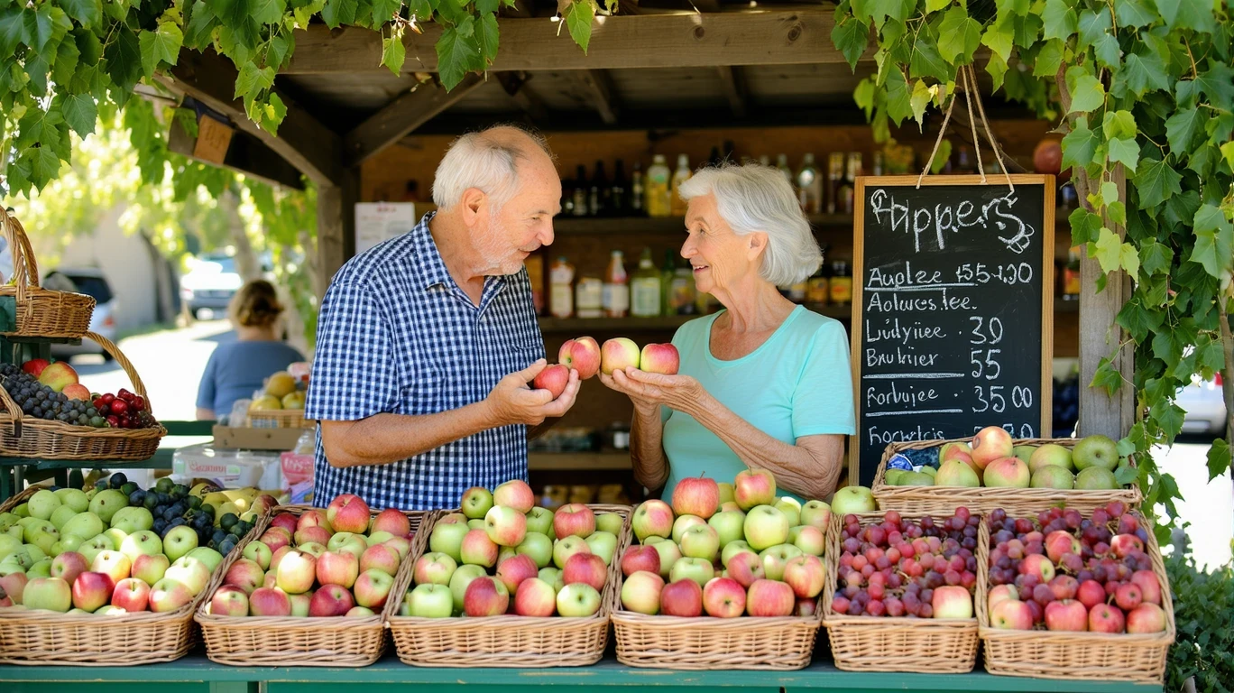 An older couple comparing apples at an outdoor produce stand on a sunny day.