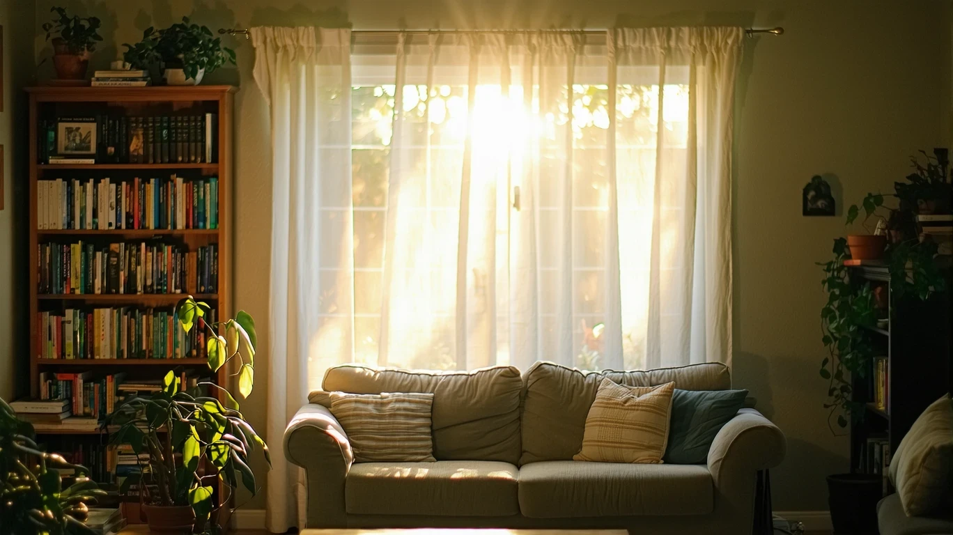 A small, sunlit living room with a couch and bookshelf in a suburban Lake Forest home.