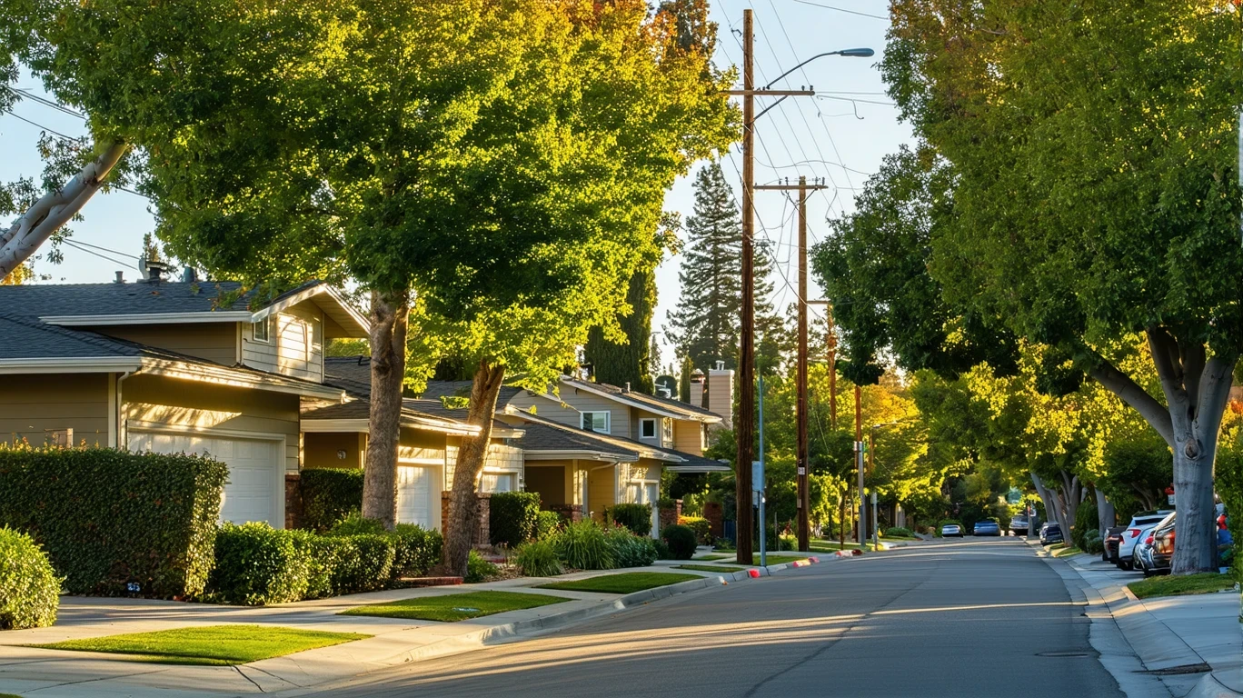 A sunlit residential street in Lake Forest, California lined with maple trees and tidy single-family homes.