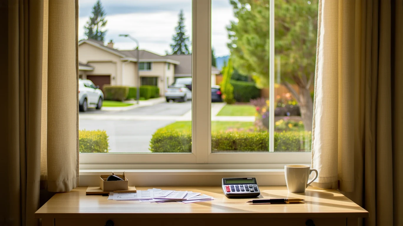A small desk by a window with bills, a calculator, and a coffee mug, overlooking a suburban street.