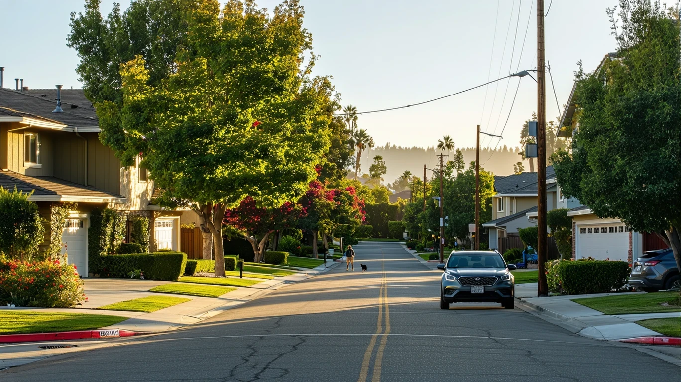 Tree-lined residential street in Lake Forest, California with single-family homes, a parked car, and a pedestrian walking a dog.