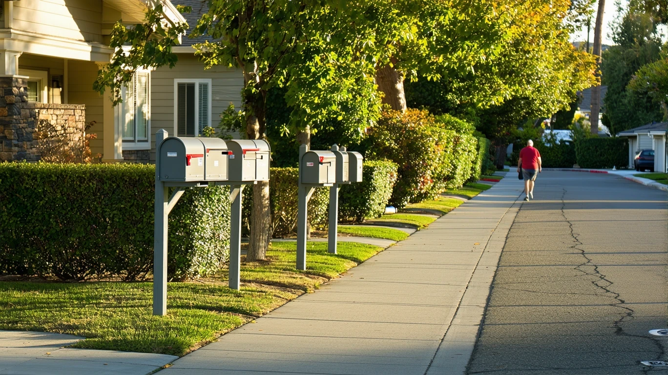 A row of curbside mailboxes along a sunlit sidewalk in a tidy Lake Forest neighborhood with houses visible in the background.