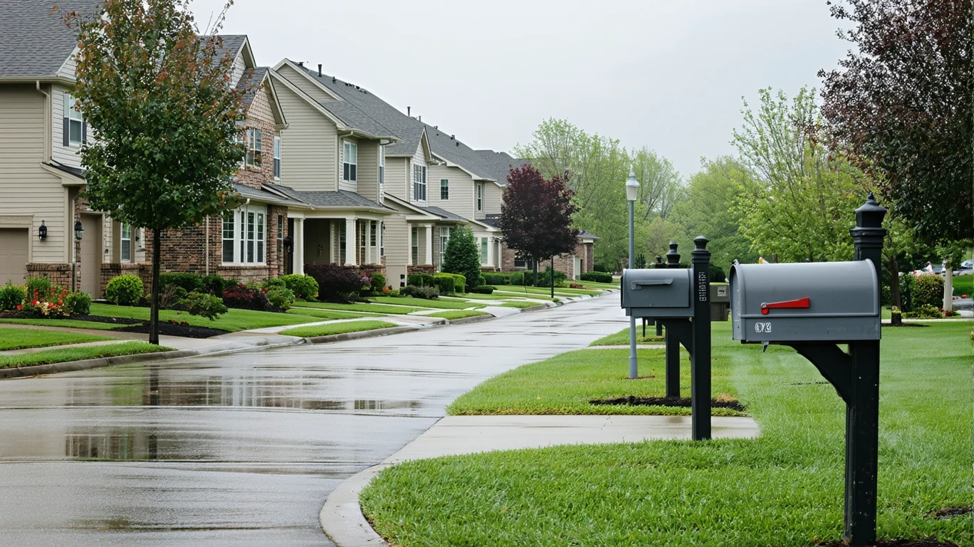 A curving sidewalk past a group of mailboxes, with suburban homes visible behind trees on a cloudy day.