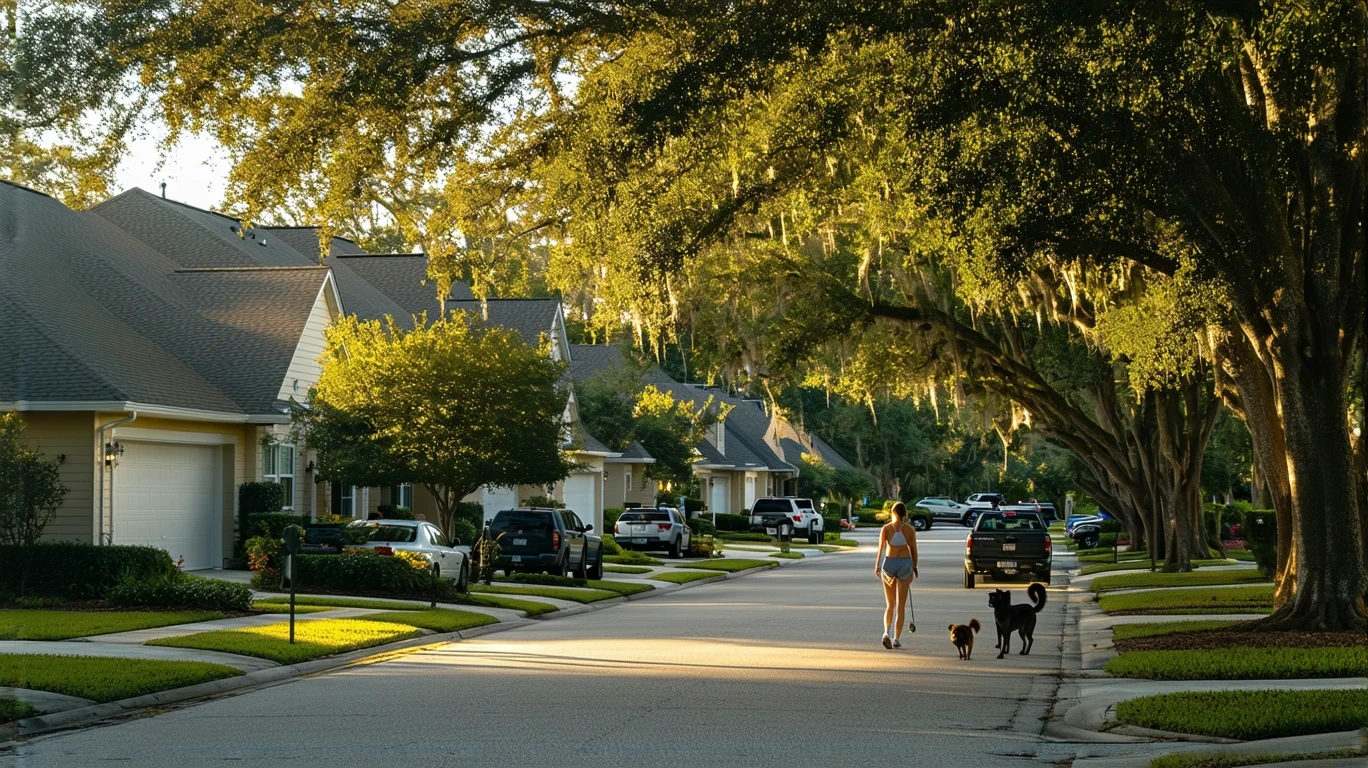 A sunny street in a residential neighborhood of Land O Lakes, Florida