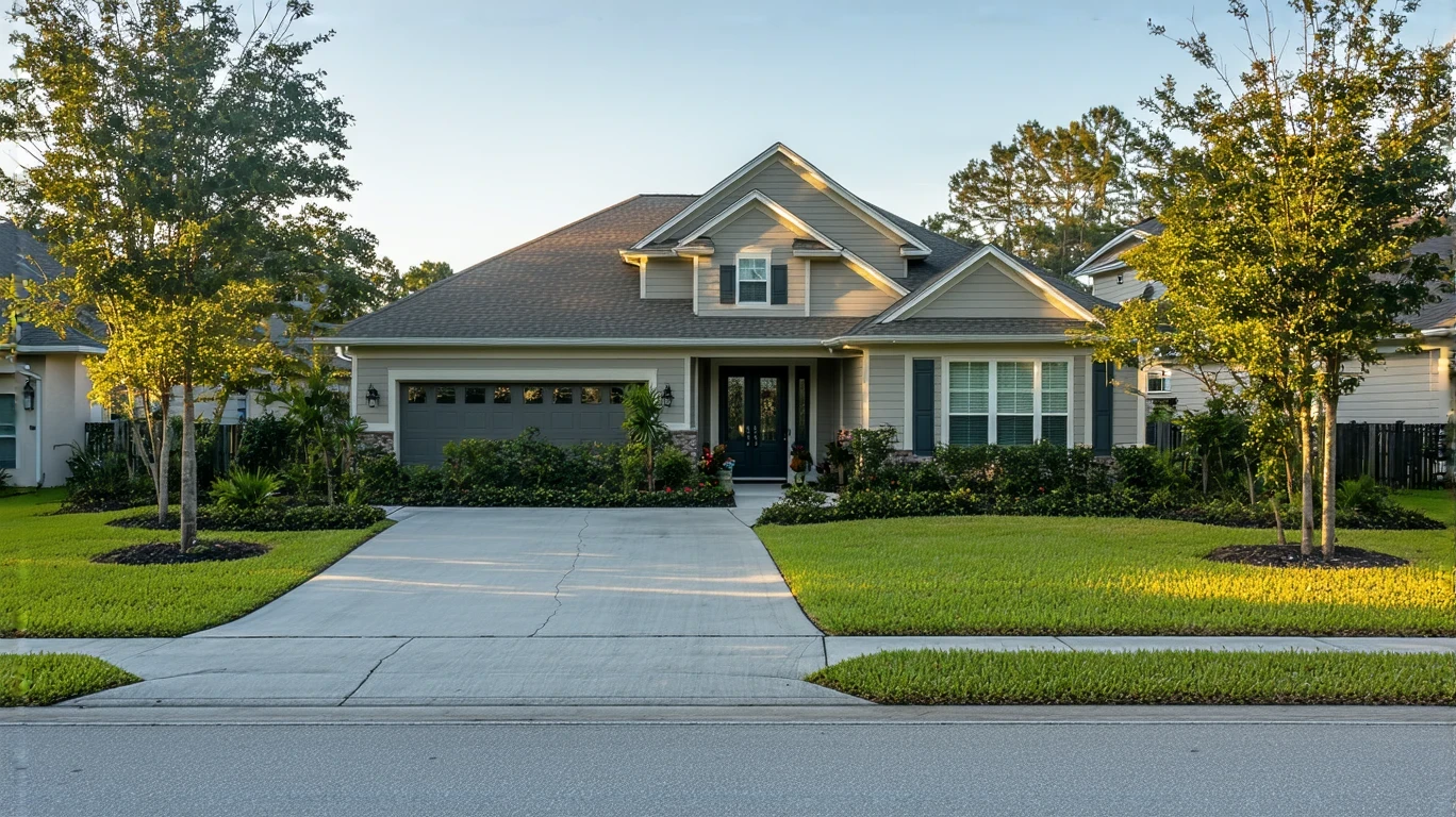 Exterior view of a craftsman-style home with landscaped yard on a residential street in Land O Lakes, Florida.