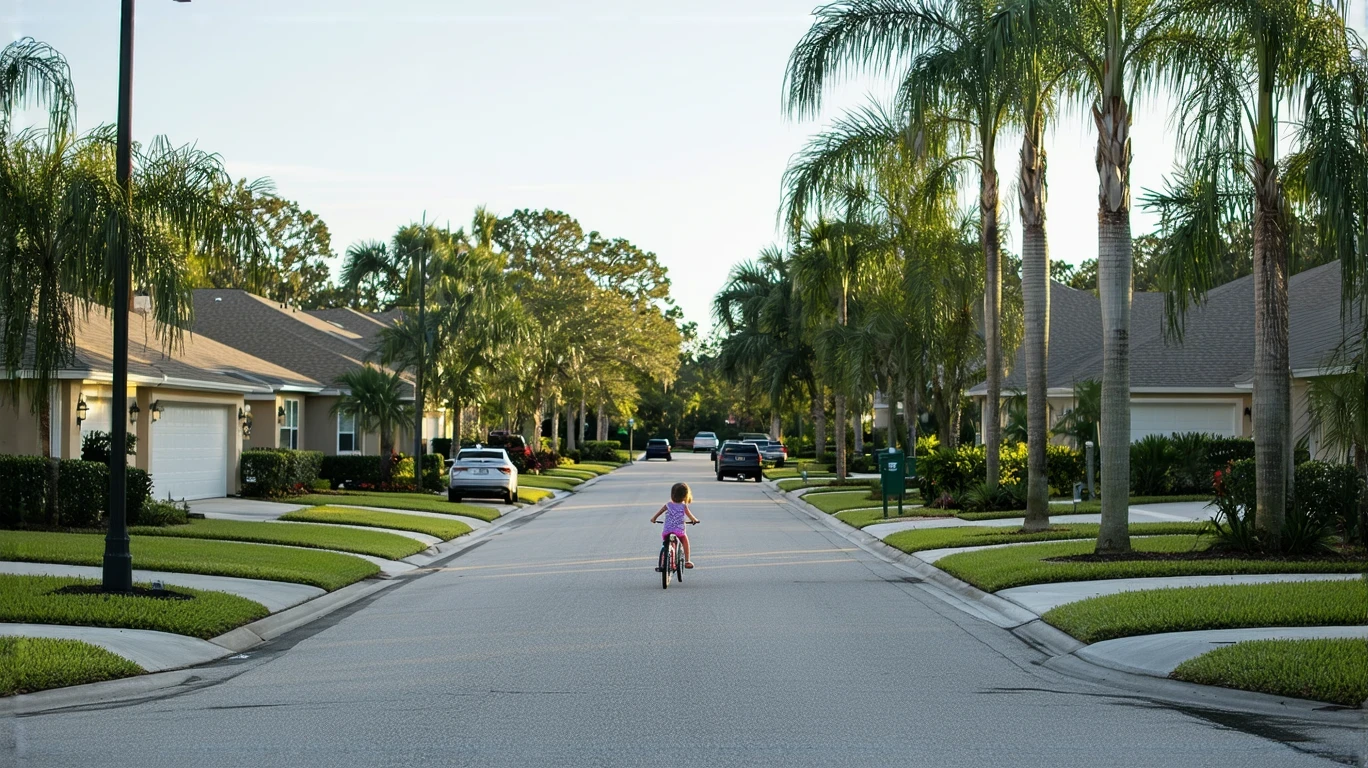Suburban street in Land O Lakes, Florida with modest single-family homes, palm trees, and a girl riding a bike on the sidewalk.