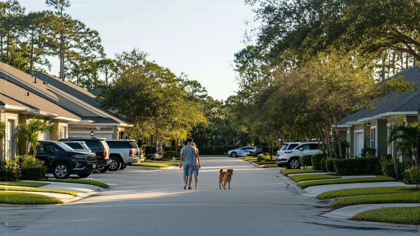A suburban street in Land O Lakes, Florida with single-family homes, small apartment buildings, parked cars, and a couple walking their dog.