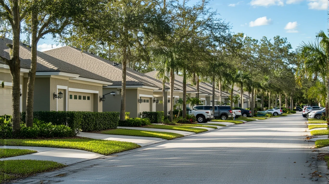 A quiet street in Land O Lakes, Florida lined with well-maintained stucco homes and tidy landscaping.