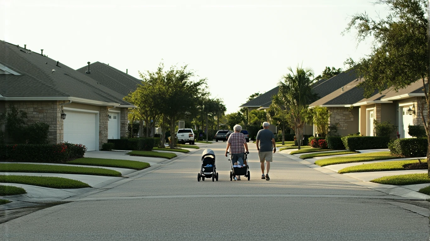 A sunny residential street in Land O Lakes, Florida with two modest homes, a man pushing a stroller, and a woman gardening.