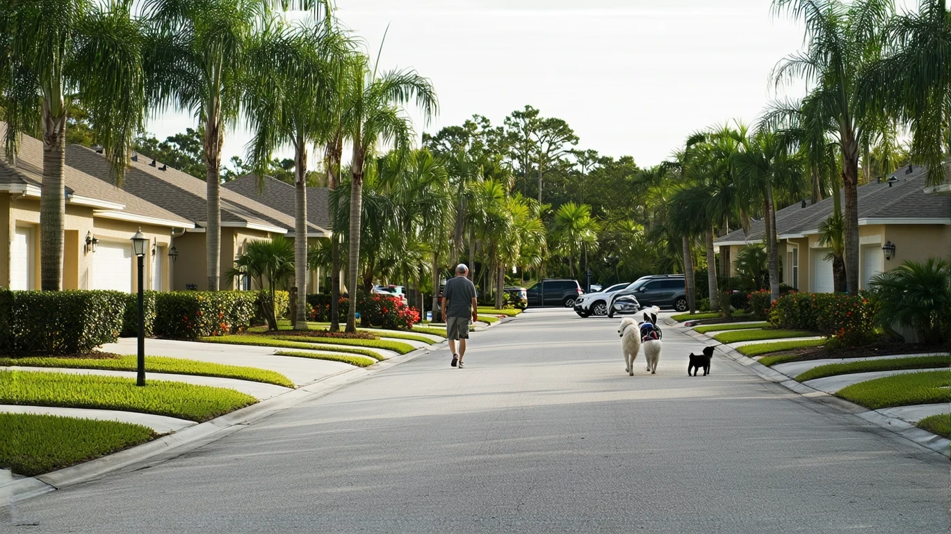Sunny street in Land O Lakes, Florida with stucco homes, tropical landscaping, and a man walking his dog.
