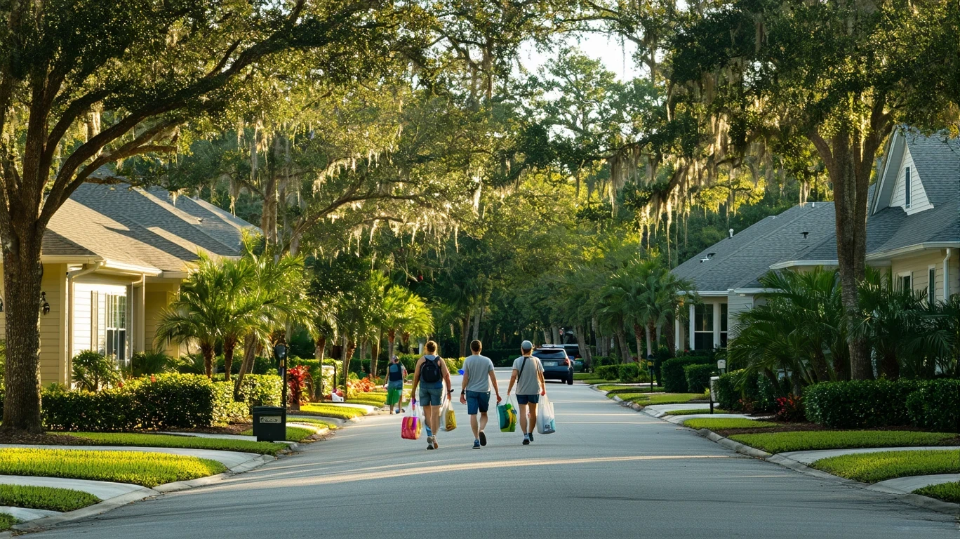 A couple carrying groceries walks down a sunny residential street lined with tidy homes in Land O Lakes, Florida.