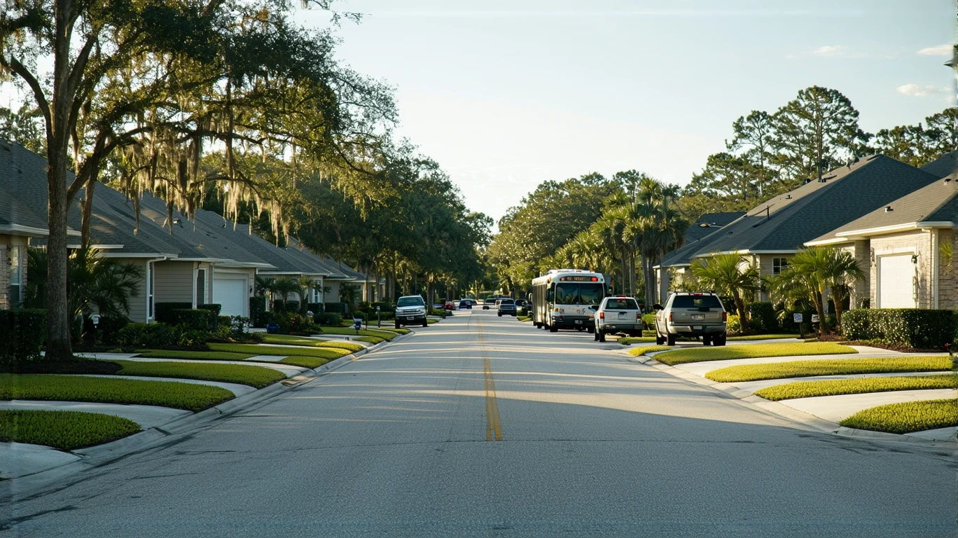 A public transit bus driving through a quiet residential street in Land O Lakes, Florida on a sunny day