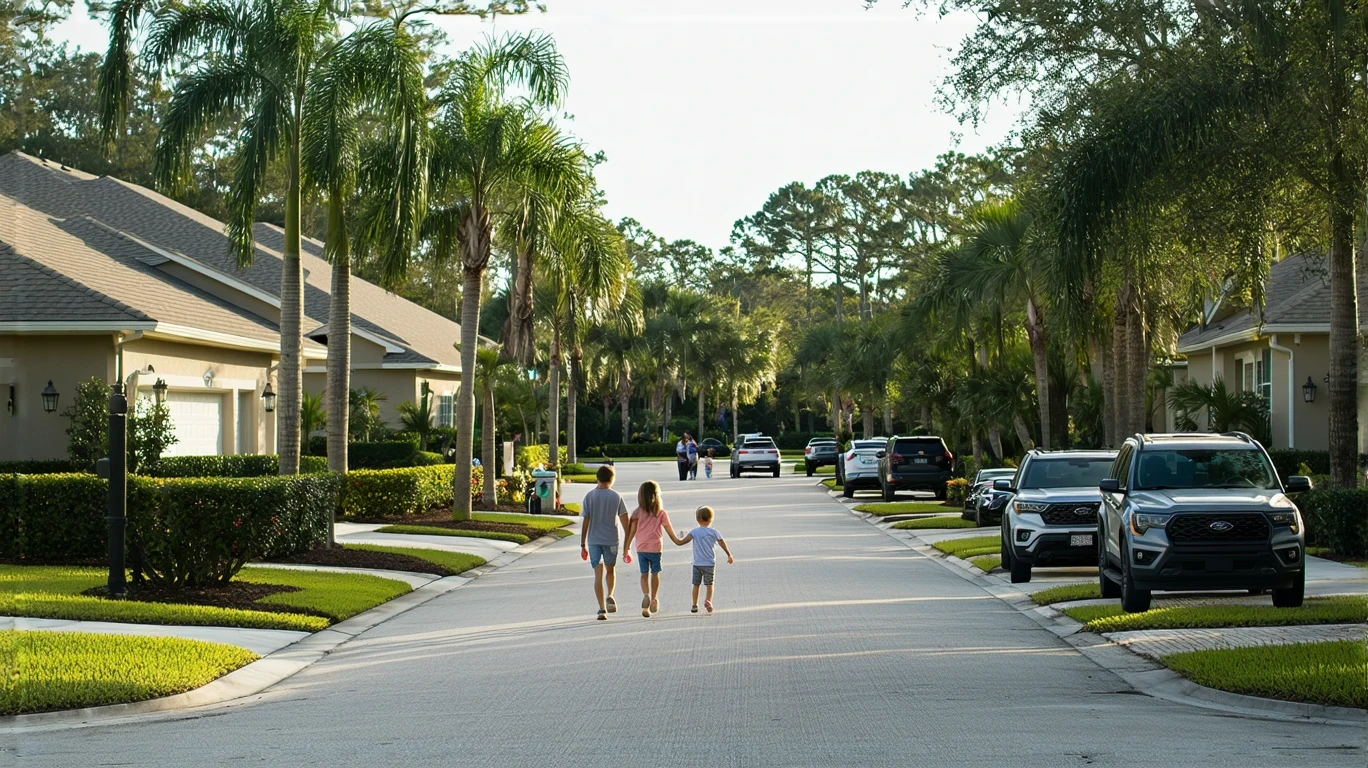A suburban street in Land O Lakes, Florida with stucco homes, palm trees, and a family walking on the sidewalk.