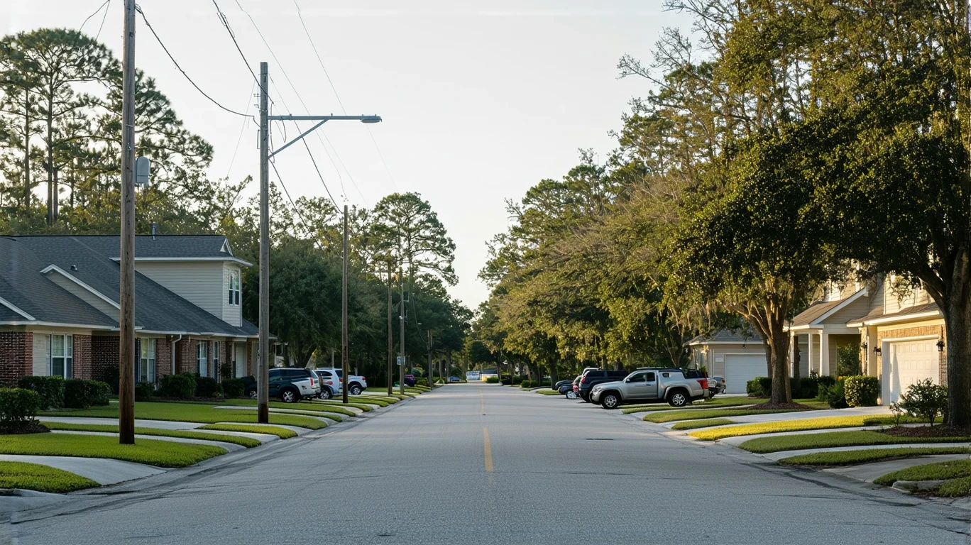 A sunny residential street in Land O Lakes, Florida lined with maple trees and utility poles