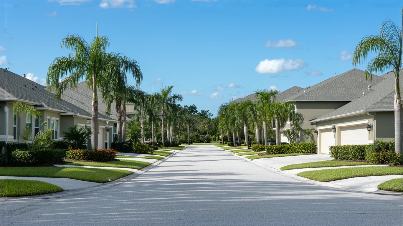 A sunny suburban street in Land O Lakes, Florida lined with well-kept stucco homes and palm trees.